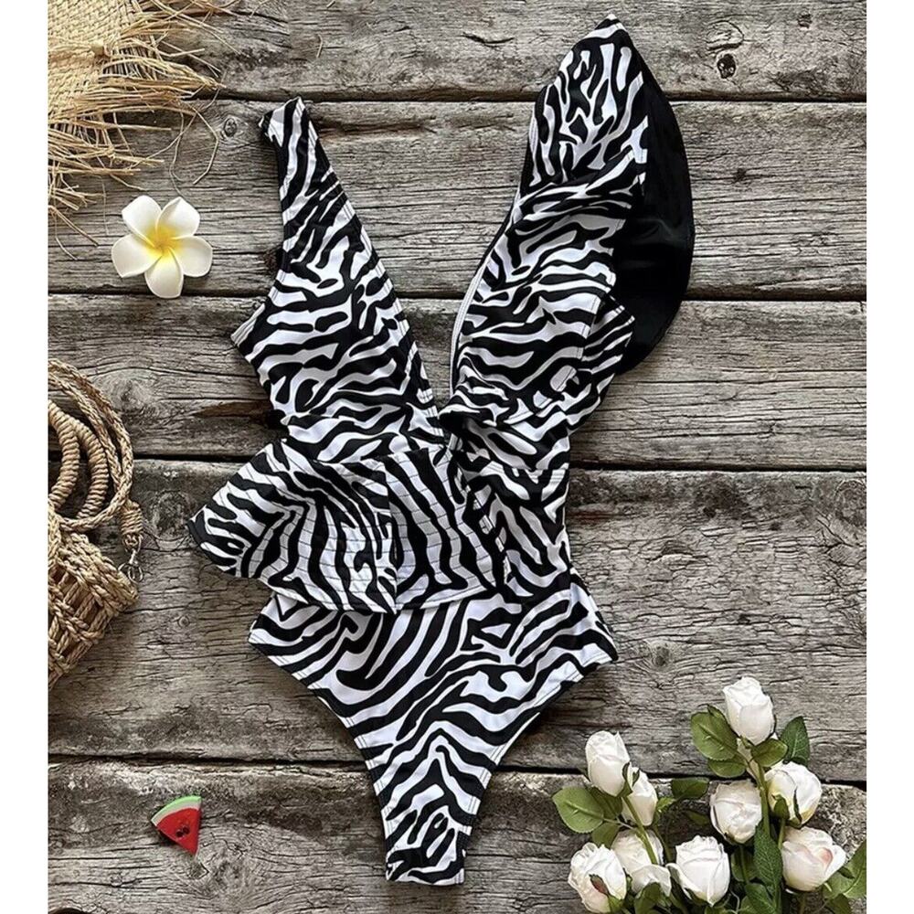 Women One Piece Swimsuit Sexy Zebra V Neck Small Swimwear Ruffle Bathing Beach